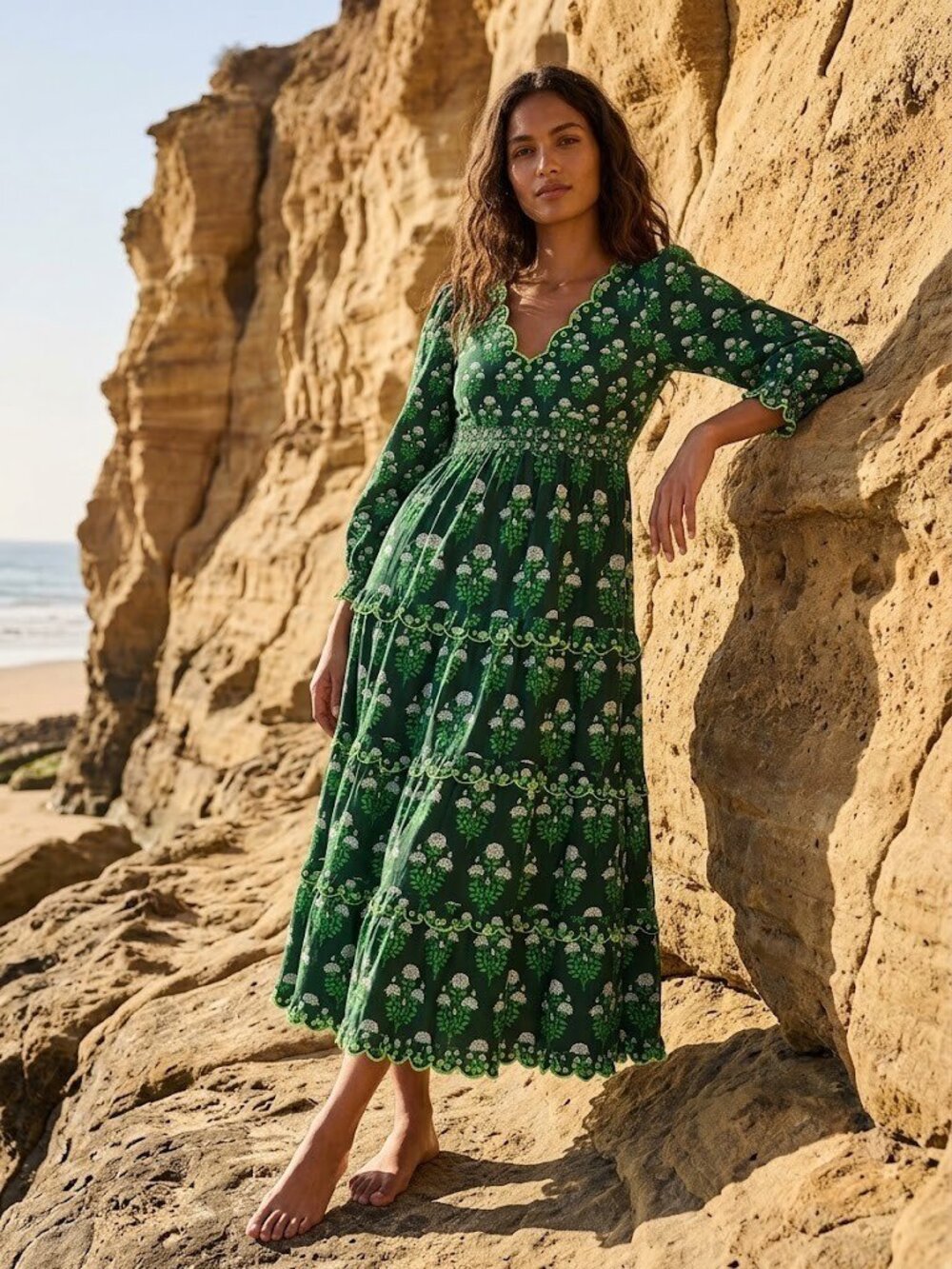 NWT PINK CITY PRINTS Pheobe Dress in Forest Buta Floral Cotton Midi Dress S
